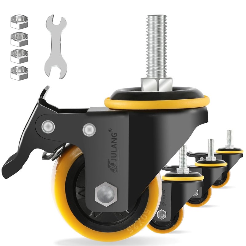 Julang 2 inch Caster Wheels 3/8 Threaded Stem Casters Set of 4 Heavy Duty 580 Lbs, 3/8"-16 x 1(Stem Diameter 3/8", Length 1"), Safety Dual Loking Casters for Wire Shelving, Carts, Furniture - Image 1